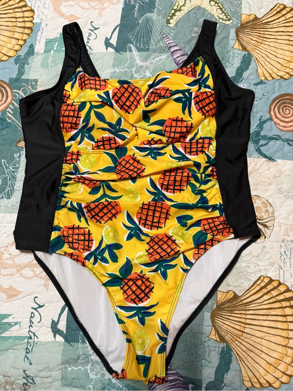 SHEIN Yellow Pineapple Print Women’s One-Piece Swimsuit with Black Sides